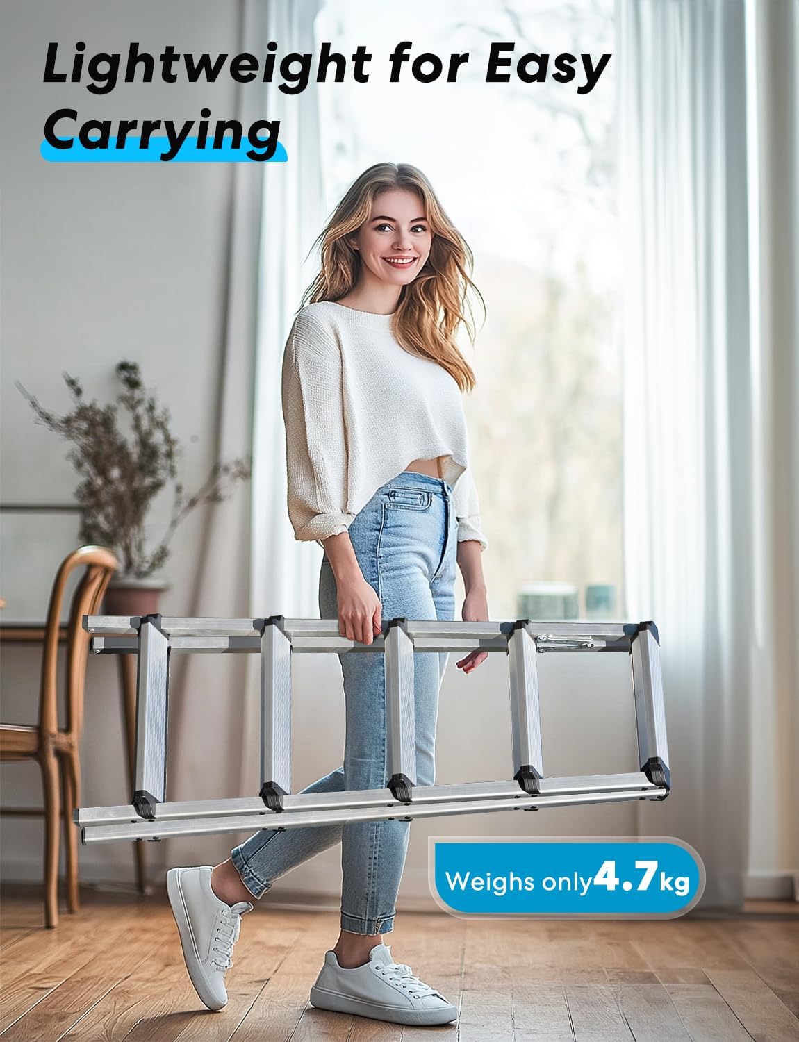 Trapladder met 5 treden, inklapbaar, van aluminium, kleine huishoudladder met dubbele toegang, antislip en stabiel, maximale capaciteit 150 kg, gemakkelijk op te bergen