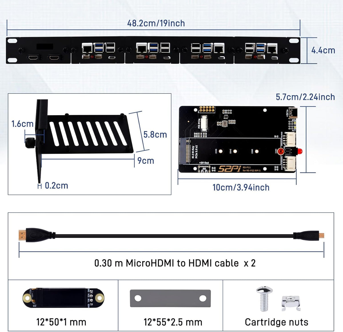 GeeekPi 19" 1U rackmontage voor Raspberry Pi 5, met 4 stuks PCIe naar M.2 NVMe SSD-adapters en OLED-scherm, compatibel met 19 inch serverrek