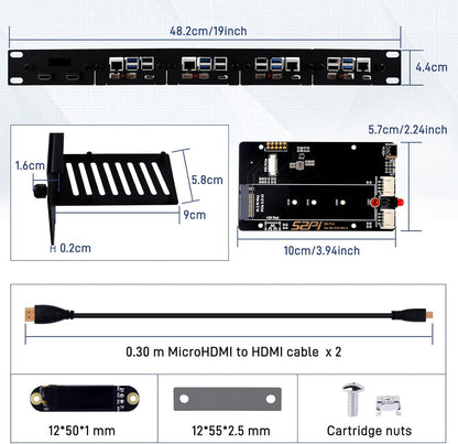 GeeekPi 19" 1U rackmontage voor Raspberry Pi 5, met 4 stuks PCIe naar M.2 NVMe SSD-adapters en OLED-scherm, compatibel met 19 inch serverrek