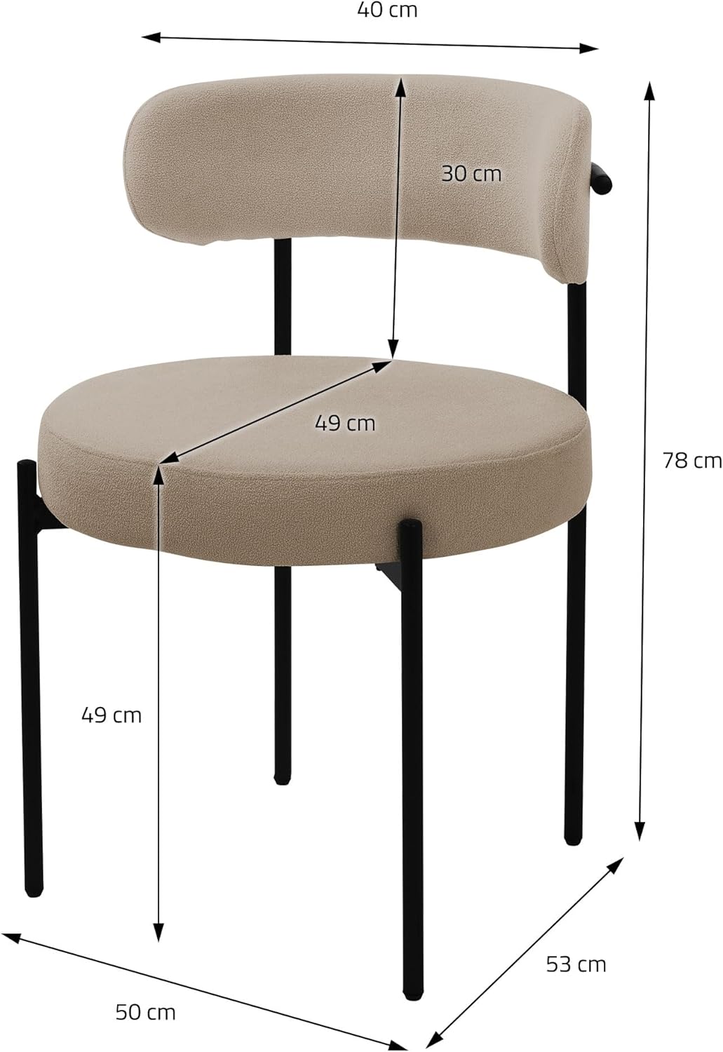 Eetkamerstoelen – Keukenstoelen – Woonkamerstoelen – Gestoffeerde Stoelen – Lounge Stoelen – Set van 2 – Zachte Teddystof Bekleding – Ergonomisch Met Zwart Metalen Frame