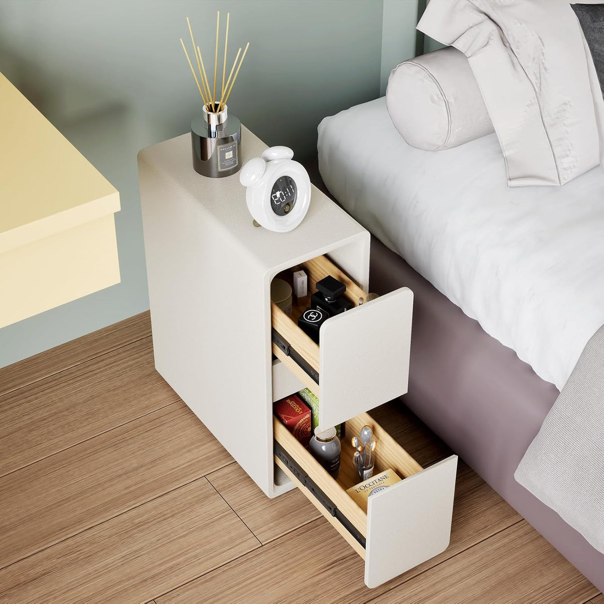 Smal nachtkastje, bijzettafel wit met 2 laden 20 cm breed, voorgemonteerde nachtkastje smal voor slaapkamer, woonkamer