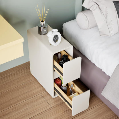 Smal nachtkastje, bijzettafel wit met 2 laden 20 cm breed, voorgemonteerde nachtkastje smal voor slaapkamer, woonkamer