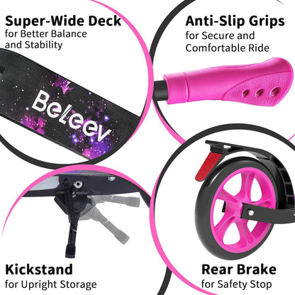 BELEEV V10 Big Wheel Scooter voor kinderen vanaf 6 jaar, met oplichtend dek, opvouwbare scooter met 2 wielen voor volwassenen en tieners, 5 verstelbare hoogte, lichtgewicht sport forenzen scooter met