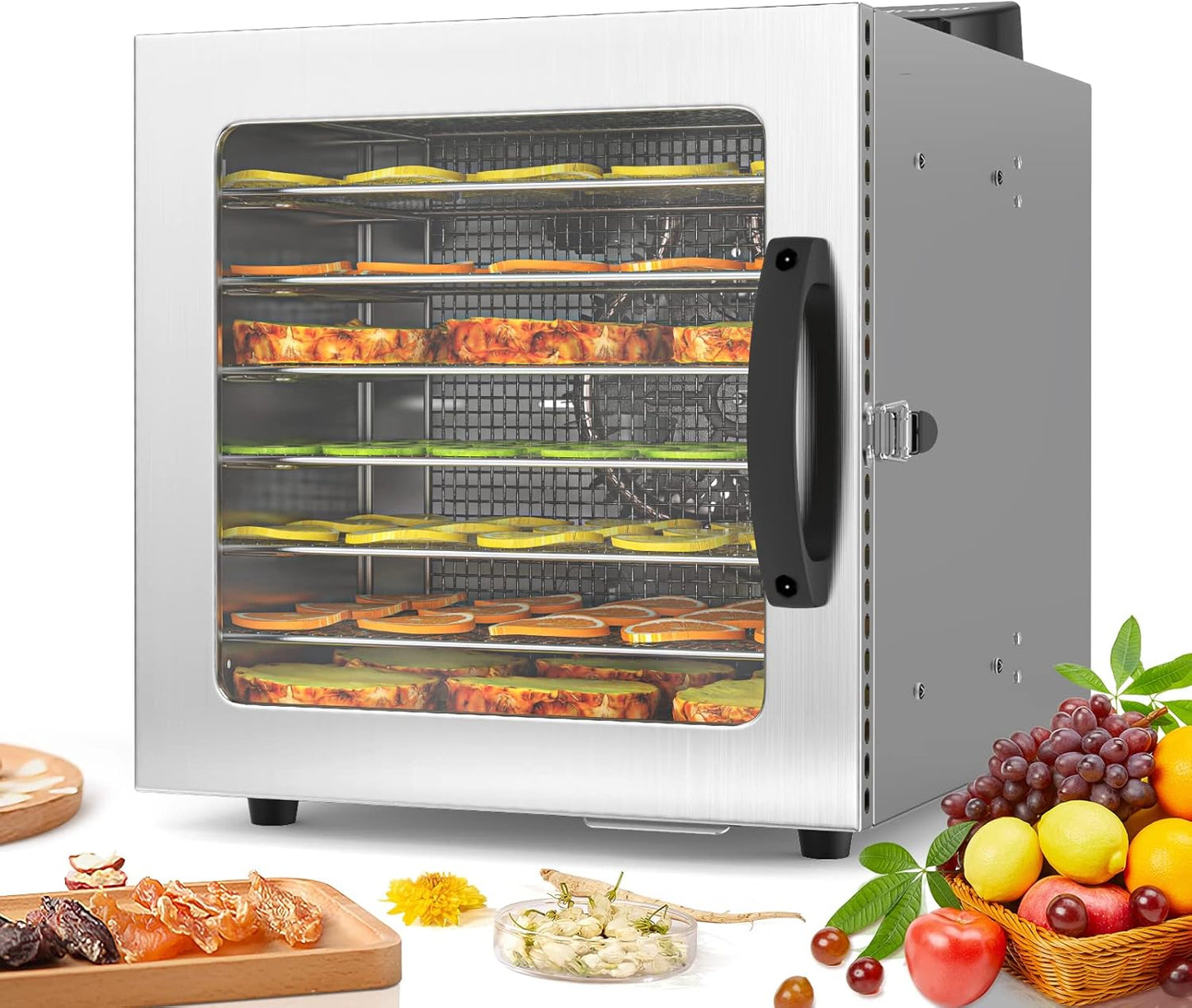 Lecon Voedseldroger van roestvrij staal, dehydrator, 30-90 °C, 24-uurs timer, dehydrator voor levensmiddelen, vlees, vruchten, groentedroger, fruitdroger, droogmachine met schort, verzegelde tank (8