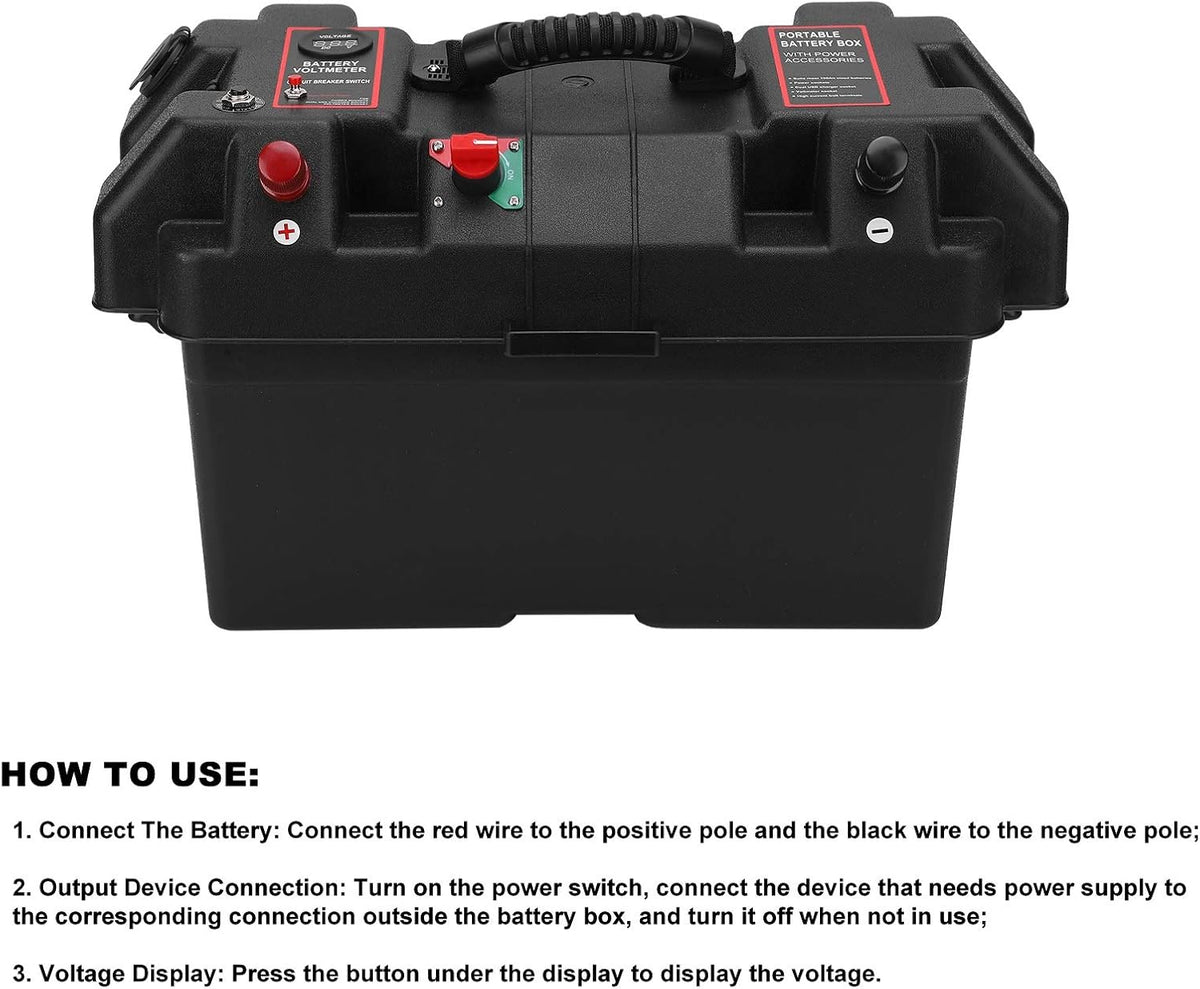Smart Battery Box 12V, Batterijbox met USB Sockets Batterij Box Cover Multi -functie met USB Power Voltmeter Sockets Aangedreven Batterijbox voor Het Opladen van Buitenauto