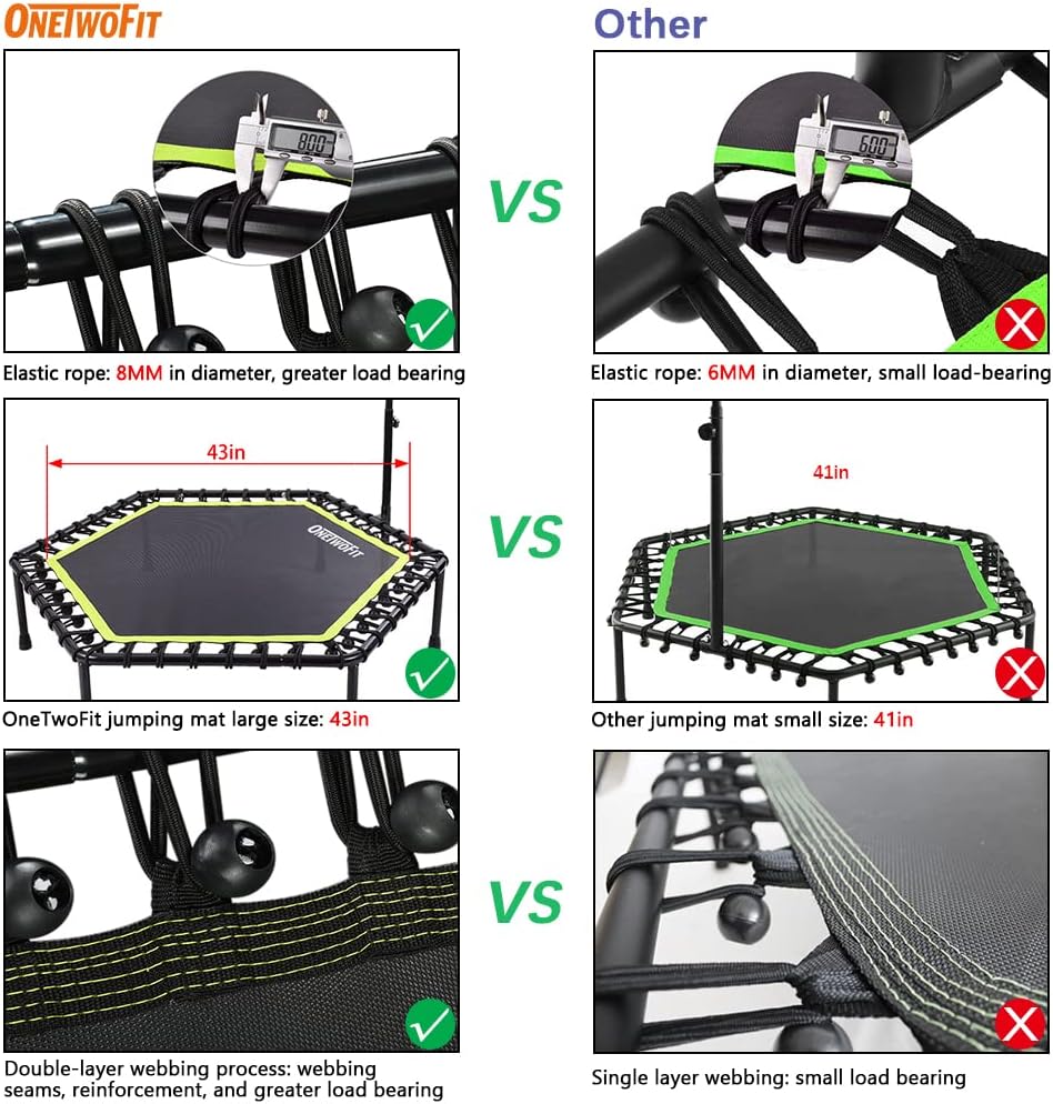 OneTwoFit Diameter stille trampoline met in hoogte verstelbare handgreep, fitnesstrampoline training zoals in de fitnessstudio trainer workout voor volwassenen