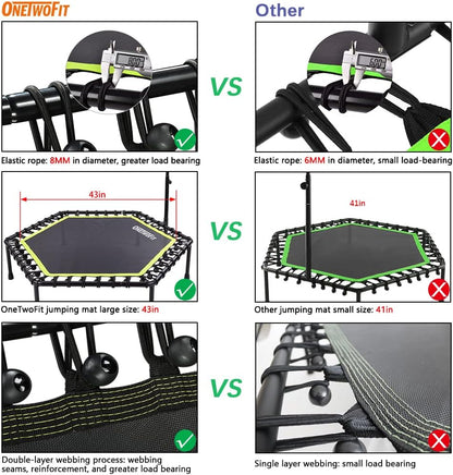 OneTwoFit Diameter stille trampoline met in hoogte verstelbare handgreep, fitnesstrampoline training zoals in de fitnessstudio trainer workout voor volwassenen
