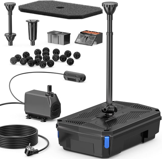 Biling Vijverfilterpomp met uv-zuiveraar, stil, 2500 l/u, all-in-one vijverpomp, complete set met filter, inclusief 3 fonteinsproeiers, voor tuinvijvers tot 3000 liter vishouderij en algenbestrijding