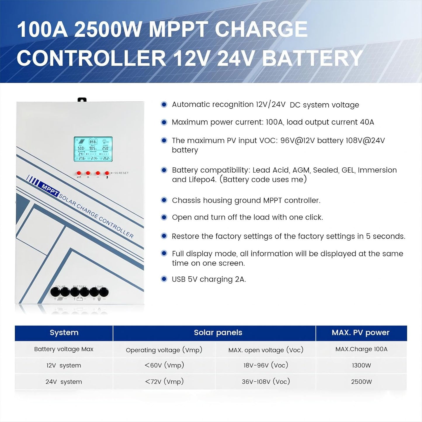 Yoving 100A MPPT Solar Charging Controller 24V 12V Auto Max 100V 2500W DC Zonnepaneel Regulator Charge Controller met LCD-display en temperatuursensor, werkt voor verzegeling, gel, floded en lithium.