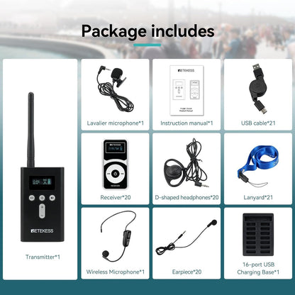 Retekess T130 Pro Audio Tour Guide System,Tourgidssysteem, Graded Noise Reduction, 100m, 49 kanalen, Type-c Opladen, Lange Standby-tijd 30 uur, D-vormige Hoofdtelefoon voor Toerisme