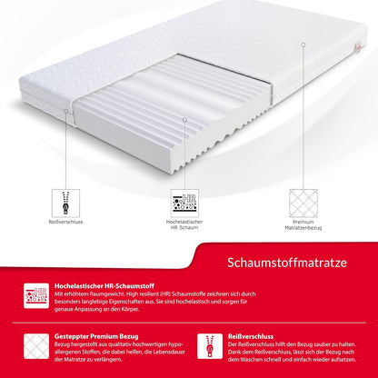 FDM Matras, 140 x 200 cm, hardheid H3/H4, hoogte 12 cm, koudschuimmatras, dubbelzijdige rolmatras, HR-schuim, 7 comfortzones, met hypoallergene, wasbare jersey overtrek, Oeko-Tex Verdura