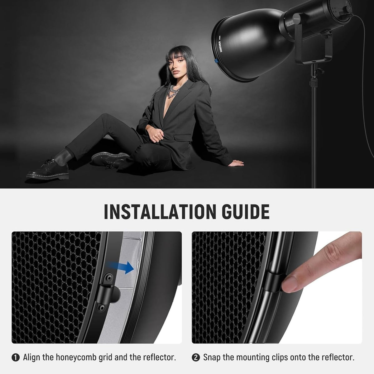 Diepe Focus Reflector – Studioreflector – Flitsreflector – Lichtkap – Diffuser – Standaard Fitting – 29,5 Cm – 15°/30° Honingraatroosters en 45° Gerichte Lichtbundel