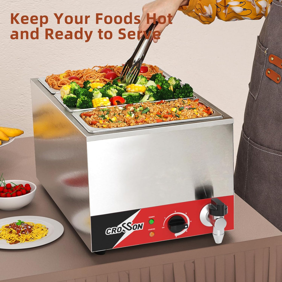 crosson Professionele elektrische badkuip, 1500 W, elektrische badkuip, van roestvrij staal, met kraan, 3 x 1/3 GN containers met deksel, instelbare temperatuur 30 °C - 85 °C