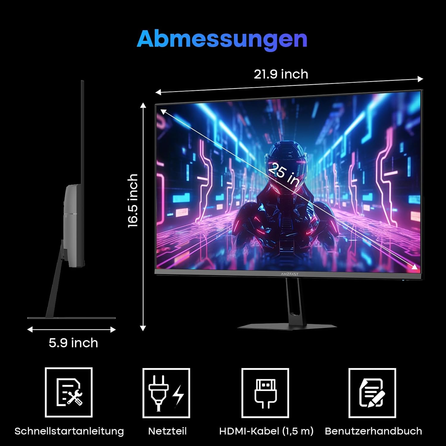 Amzfast 25 inch Gaming Display FHD 1920 x 1080-200Hz, Fast IPS Screen, 1ms MPRT DCI-P3 93%, sRGB 125%(Area), 320cd/m², Built-in Speaker, VESA 75 x 75, HDMI 2.0/DP 1.4 - AMZG25X1 - QUORE