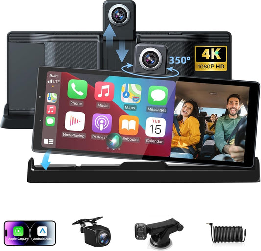 Exclusieve houder: Carplay display, Android autodisplay met 350° draaibare 4K dashcam, 10,26 inch draagbare driveplay-autoradio, Carplay Dual-Bluetooth rijnavigatie Siri G-oogle