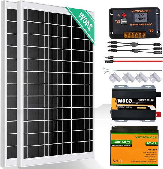 ECO-WORTHY 240 W solar system, complete set of island installation, independent of network for motorhome: 2 pieces 120 W solar panel + 30 A charge controller + 1 x 50 Ah lithium battery + 600 W - QUORE