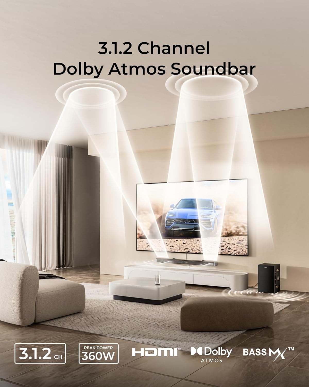 ULTIMEA 3.1.2ch soundbar voor tv-apparaten met Dolby Atmos, soundbar met subwoofer voor thuisbioscoop, surround soundsysteem voor televisies met 6,5 inch subwoofer, HDMI eARC, BT 5.4, Skywave F30 Boom
