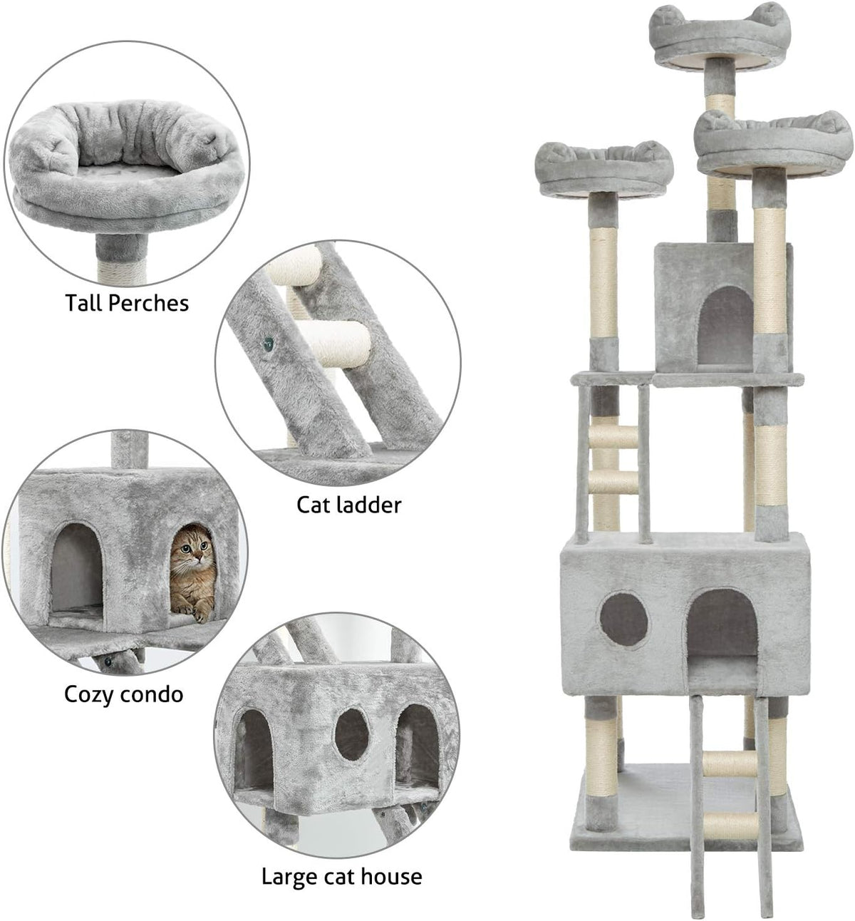 Kattenboom – Kattenkrabpaal – Kattentoren – Klimtoren – Grijs – 186 cm Hoog – Stabiele Verdikte Basis