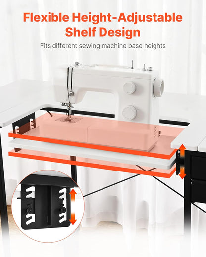 VEVOR Naaitafel, multifunctionele naaimachinetafel met opvouwbare zijplank, verstelbare plank, stalen poten, computerbureau voor thuis, modestudio, kunststudio, onderwijsinstelling, wit