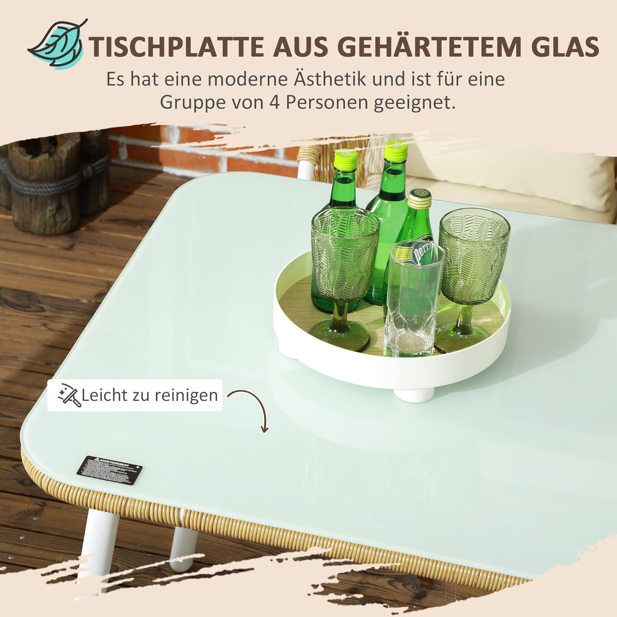 5-Delige Tuinset – Tuinmeubelen – Loungeset – Balkontuinset – Eettafelset – Stapelbare Stoelen – Comfortabele Kussens – Gehard Glas Tafelblad - QUORE