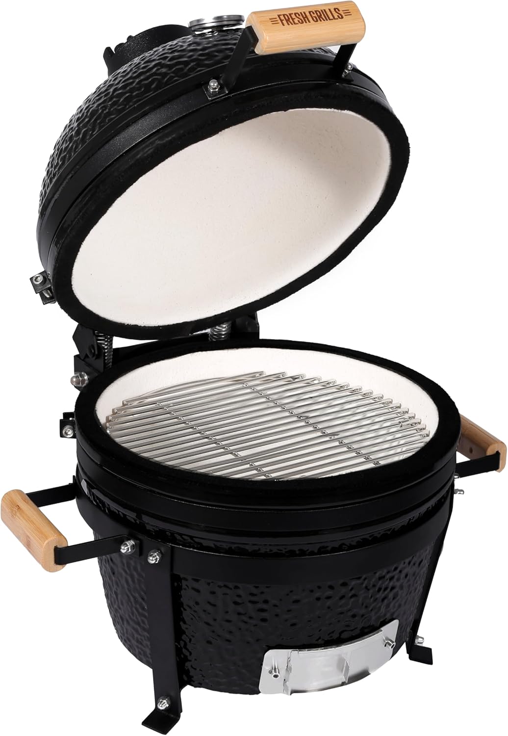 Fresh Grills Kamado BBQ 16 Inch Black Ceramic Mini Oven Barbecue Grill Egg Charcoal Smoker Grate Baking Portable Built-in Thermometer Top and Bottom Air Flow System Outdoor Cooking Camping - QUORE
