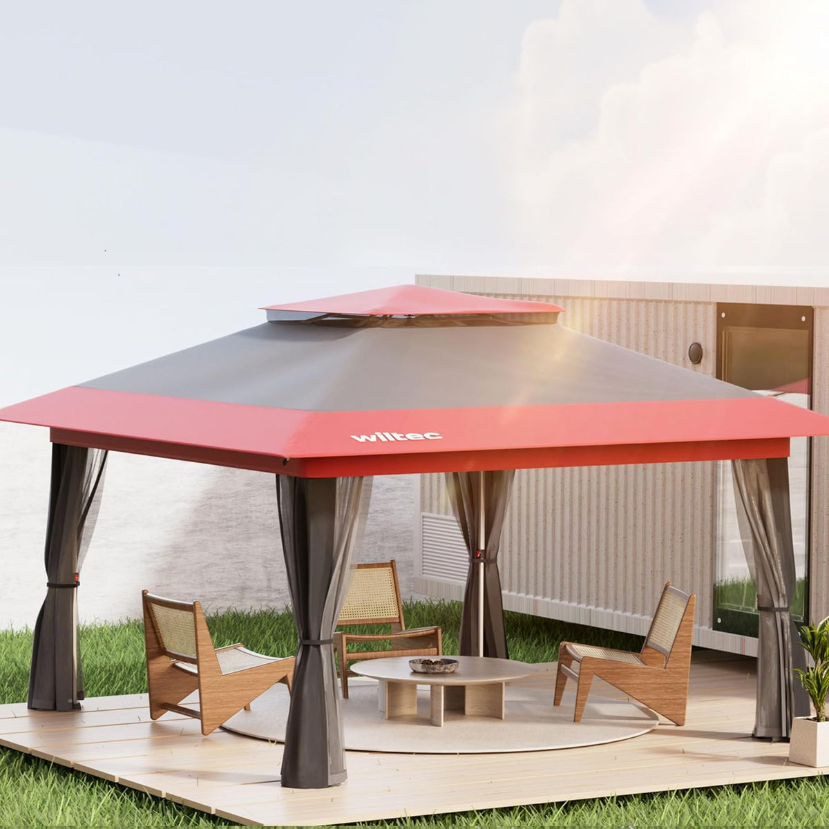 Wiltec opvouwbaar paviljoen partytent met muggennet tuinpaviljoen grijs-rood 3,92 x 3,92 m