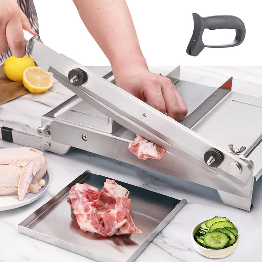 Moongiantgo Handmatige snijmachine Bevroren Vlees Snijmachine Botten Snijmachine Roestvrij Staal Dubbele Bladen, Verstelbare Dikte 0-15 mm voor Ribben Lamsvlees Varkensvlees Vis Groenten (KD0289)