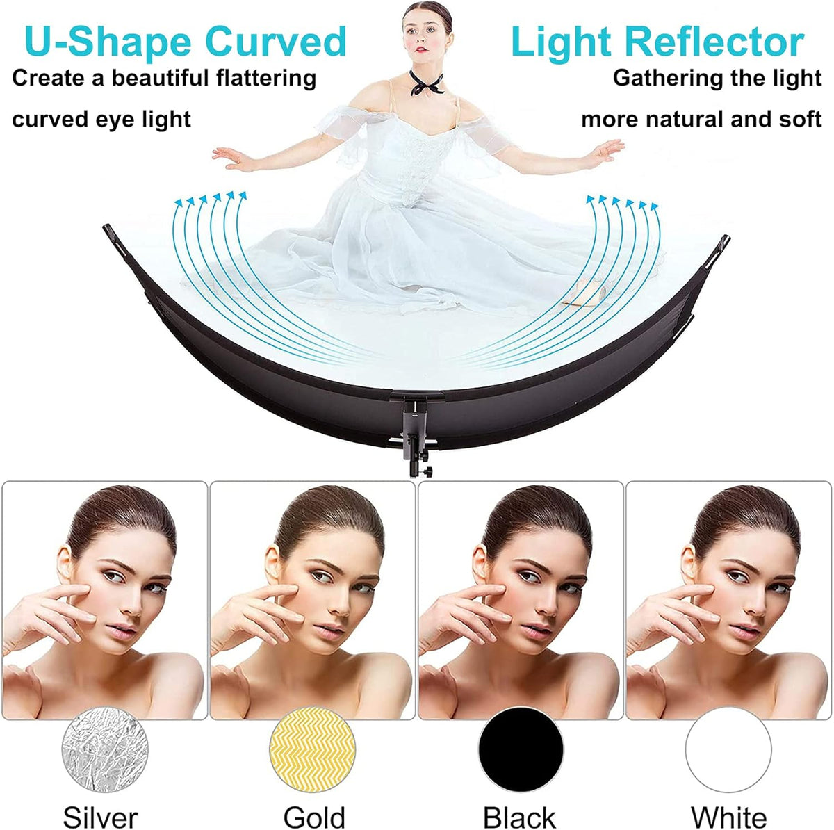 4-in-1 Portretreflector – U-vorm Reflector – Gebogen Reflector – Beautyreflector – Fotoreflector – 60 x 180 cm – Inclusief 200 cm Lichtstatief