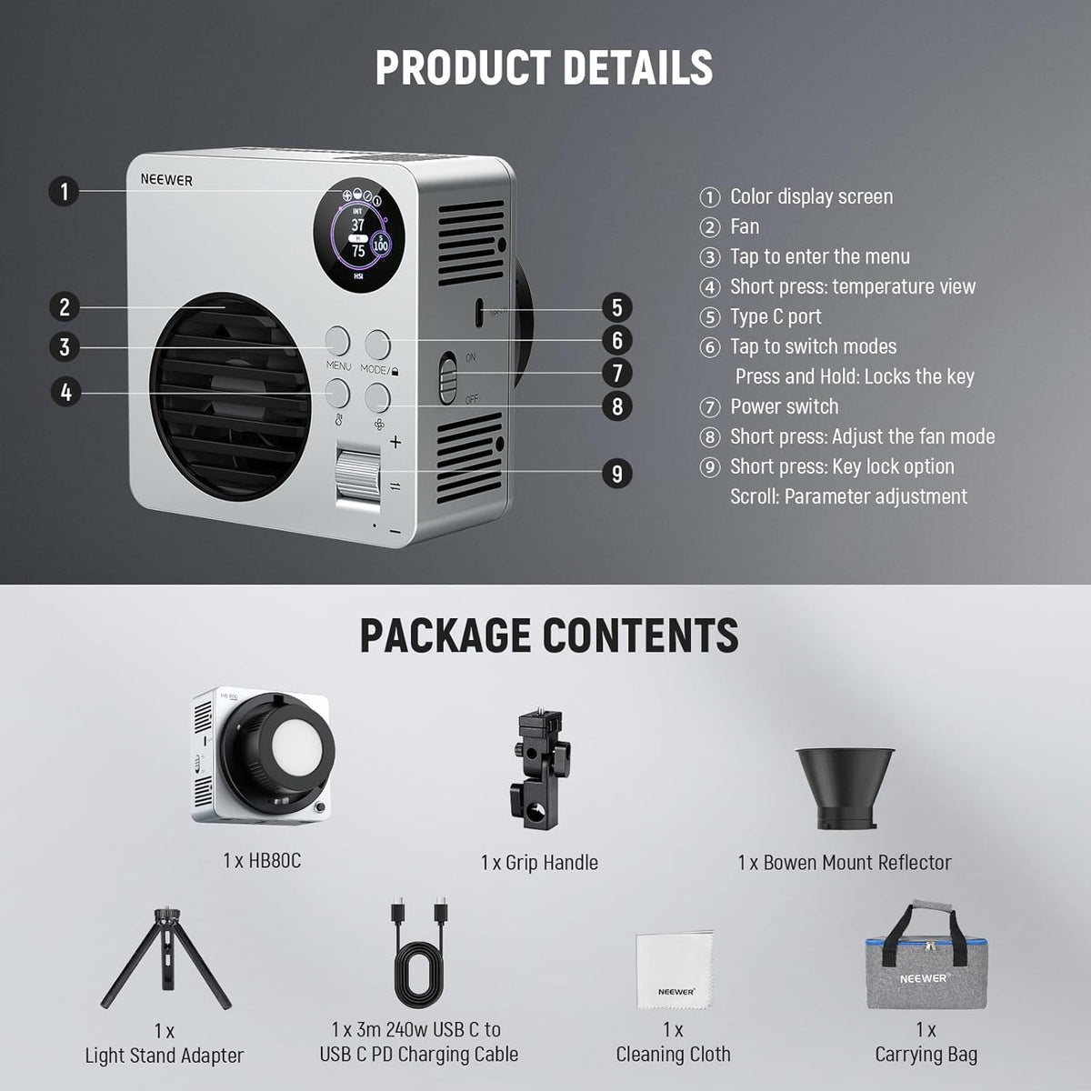 RGBWW Led-Videolamp – Led Lamp – Studiolamp – Continu Licht – Fotolamp – 80W, 72Wh Ingebouwde Accu – 2500K-7500K, 18 Lichteffecten