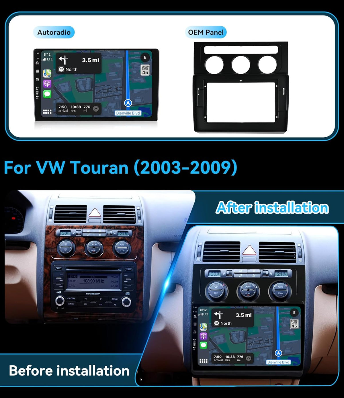 MSD Autoradio Voor VW Touran (2003-2010) | Android 15 GPS Navigation Radio | 4G+64G | CarPlay Android Auto Stuurwiel DAB 4G Dual-Band WiFi DSP Bluetooth 360-CAM | Camera | 2 Din 10.1 Inch