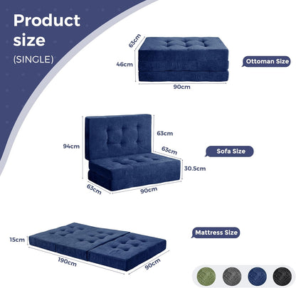 MAXYOYO Opvouwbare Matras Eenpersoons, 15 cm Comfortabele Opvouwbare Matras Met Chenille-Stof, Driekwijd Vloer Futon Bank Bed Voor Gast, Vouwmatras Topper Voor Camping, Marineblauw, Enkel