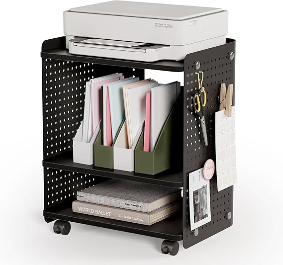 Fenge 3 Layer Printer Stand with Pegboard, Adjustable Shelf, Storage Rack Organizer, Rolling Trolley with Lockable Wheels for Home Office, Black - QUORE