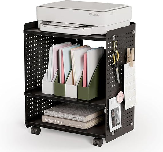 Fenge 3 Layer Printer Stand with Pegboard, Adjustable Shelf, Storage Rack Organizer, Rolling Trolley with Lockable Wheels for Home Office, Black - QUORE