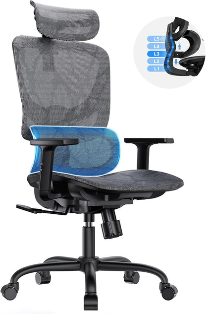 Ergonomische Bureaustoel – Mesh bureaustoel – Computerstoel – Gamingstoel – Bureaustoel Met Hoge Rugleuning – Verstelbare Lendensteun Met 5 Niveaus – Ademend Mesh-Materiaal Voor Optimaal Comfort