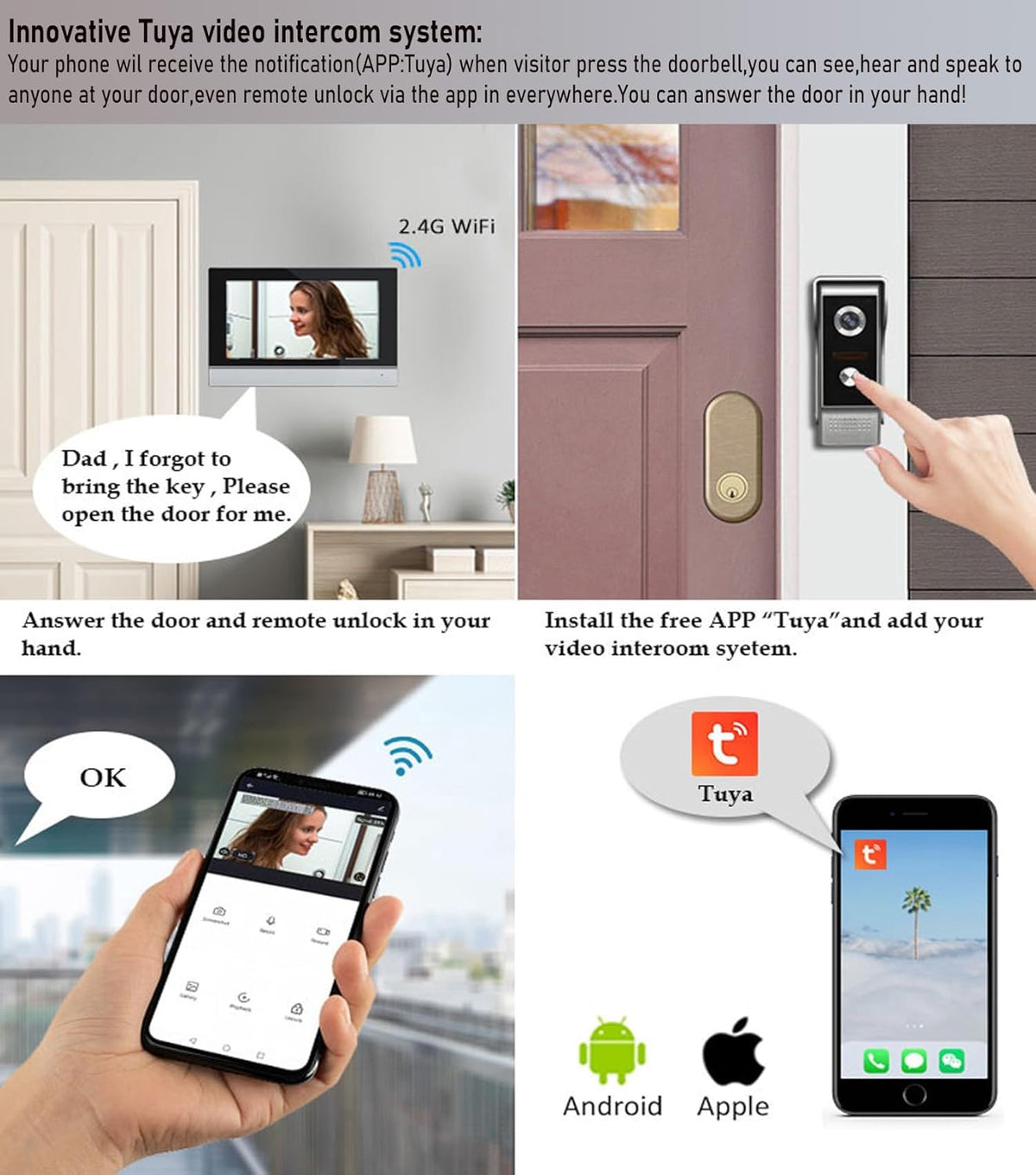 Wifi Tuya Bedrade Video Intercom 2-unit Voor Home Deurbel Video Telefoon Systeem, 7-inch Indoor Monitor Touch Screen, 1080p HD Camera Nachtzicht, Pir Motion Detection, Woning/kantoor/hotel/villa