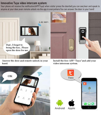 Wifi Tuya Bedrade Video Intercom 2-unit Voor Home Deurbel Video Telefoon Systeem, 7-inch Indoor Monitor Touch Screen, 1080p HD Camera Nachtzicht, Pir Motion Detection, Woning/kantoor/hotel/villa