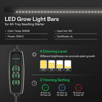VIVOSUN 1 Pack 40-Cell Seed Starter Trays with 1 Set LED Lights and 10"x20.7" Seedling Heat Mat, 3.6 Inch Higher Coverage, Adjustable Vents, Drainage Holes, Green Grow Tray for It - QUORE