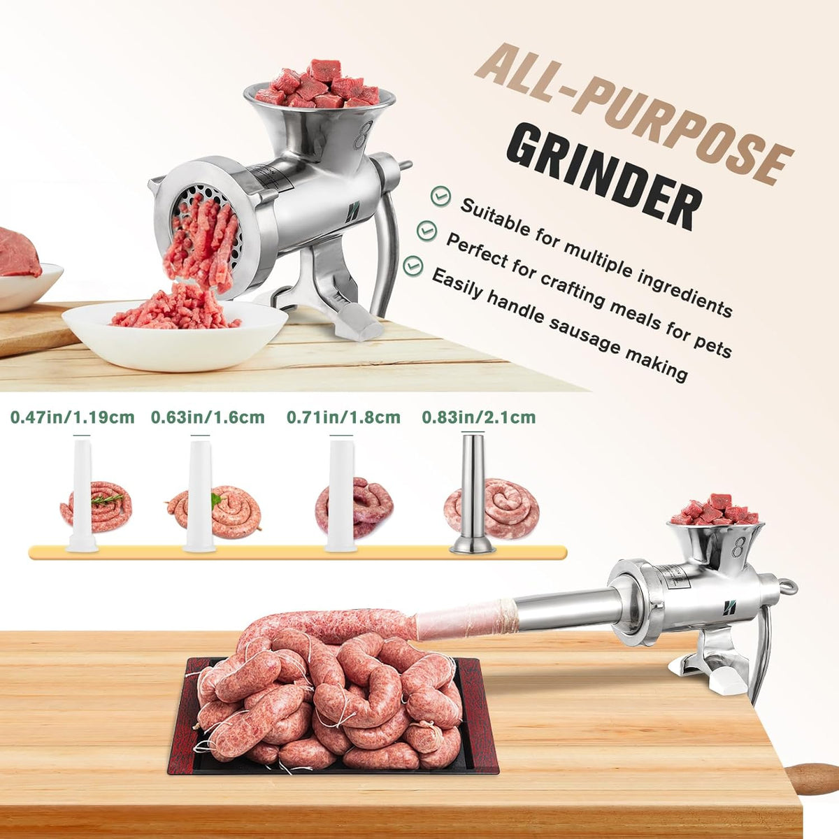 Handmatige Vleesmolen Nr. 8 – Handvleesmolen – Vleesmolen – Worstmaker – Koekjesmaker – Roestvrij Staal – Vaatwasmachinebestendig