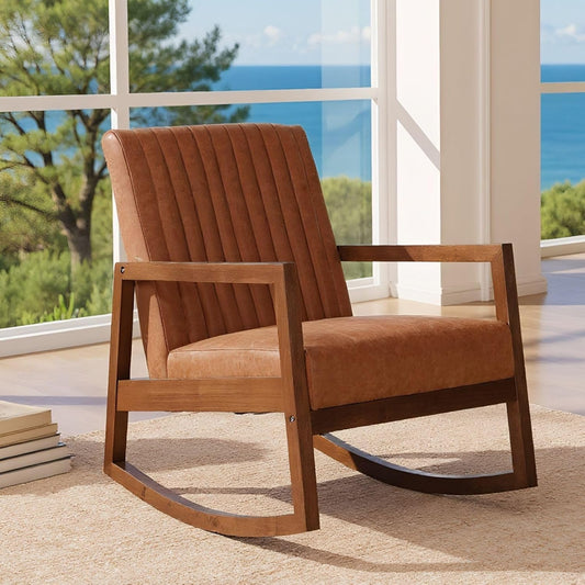 chairus Rocking Chair for Living Room PU Leather Reading Recliner Upholstered Accent Relax Chair with Wooden Legs (Brown) - QUORE