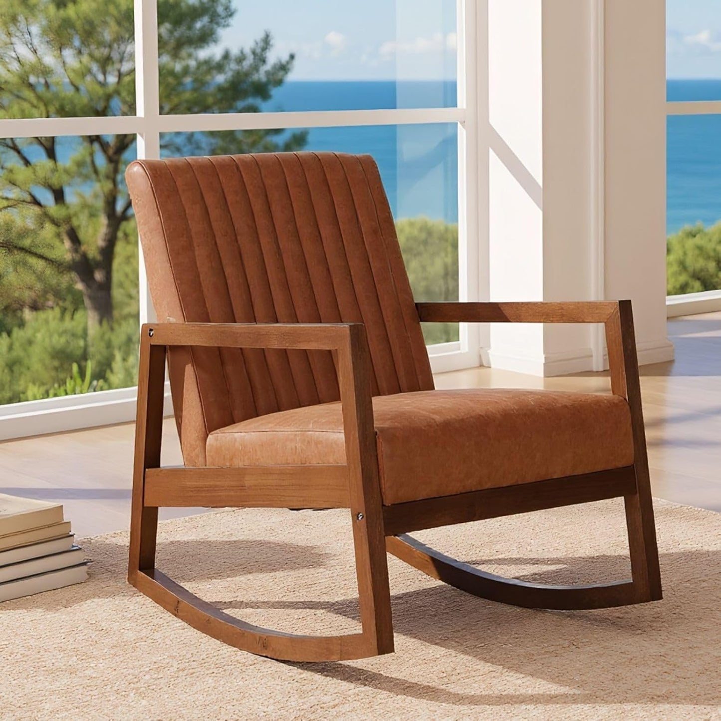 chairus Schommelstoel voor woonkamer PU-lederen leesfauteuil gestoffeerd accent relaxstoel met houten poten (bruin)