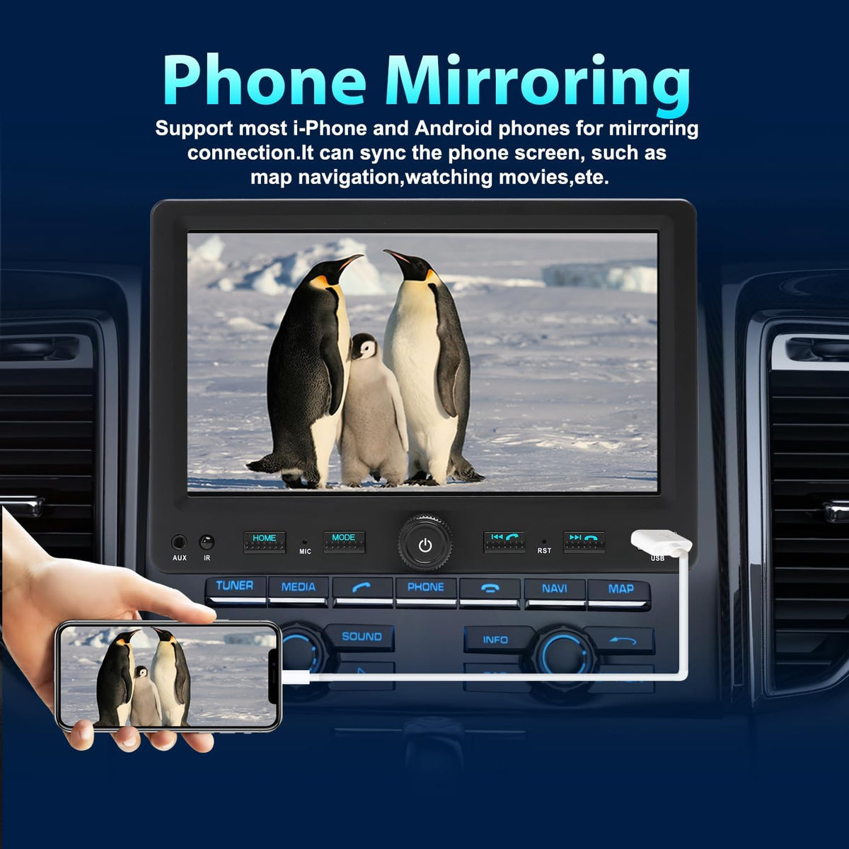Autoradio 1 DIN met 7" scherm instelbaar Touchscreen, Compatibel met [Wireless] Apple CarPlay/Android Auto Bluetooth Achteruitrijcamera AM/FM/RDS Radio Type-C USB (3A snel opladen) AUX SD