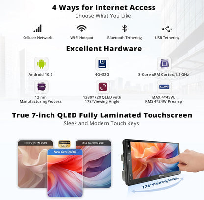 S8MS 7 inch QLED Autoradio 2 DIN Android met achteruitrijcamera, geïntegreerde 4G LTE, CarPlay en Android Auto Wireless, 8-Core 4G+32G, WiFi/BT/USB-tethering, dubbele BT, S8G2C74MS-S01