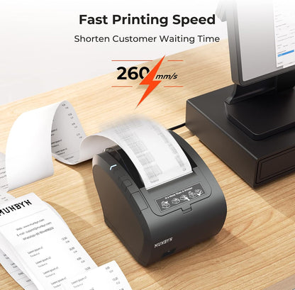 MUNBYN WiFi Ontvangstprinter met USB-poort, 80mm POS-printer Werkt met Square Mac Windows Chromebook Linux Kassalade, ESC/POS, Hoge Snelheid Auto-Cutter Wandmontage Ondersteuning, Zonder LAN