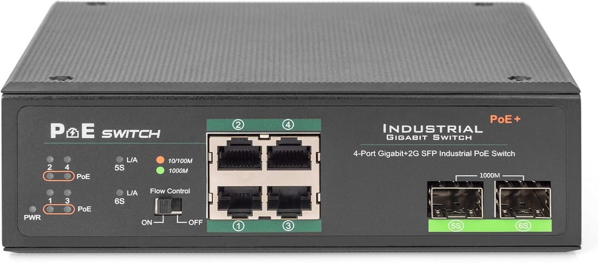 DIGITUS industriële 6-poorts Gigabit PoE netwerkswitch - 4x RJ45 + 2x Gigabit SFP uplink - unmanaged - DIN rail montage - 10/100/1000 Mbit/s - zwart