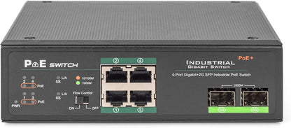 DIGITUS industriële 6-poorts Gigabit PoE netwerkswitch - 4x RJ45 + 2x Gigabit SFP uplink - unmanaged - DIN rail montage - 10/100/1000 Mbit/s - zwart