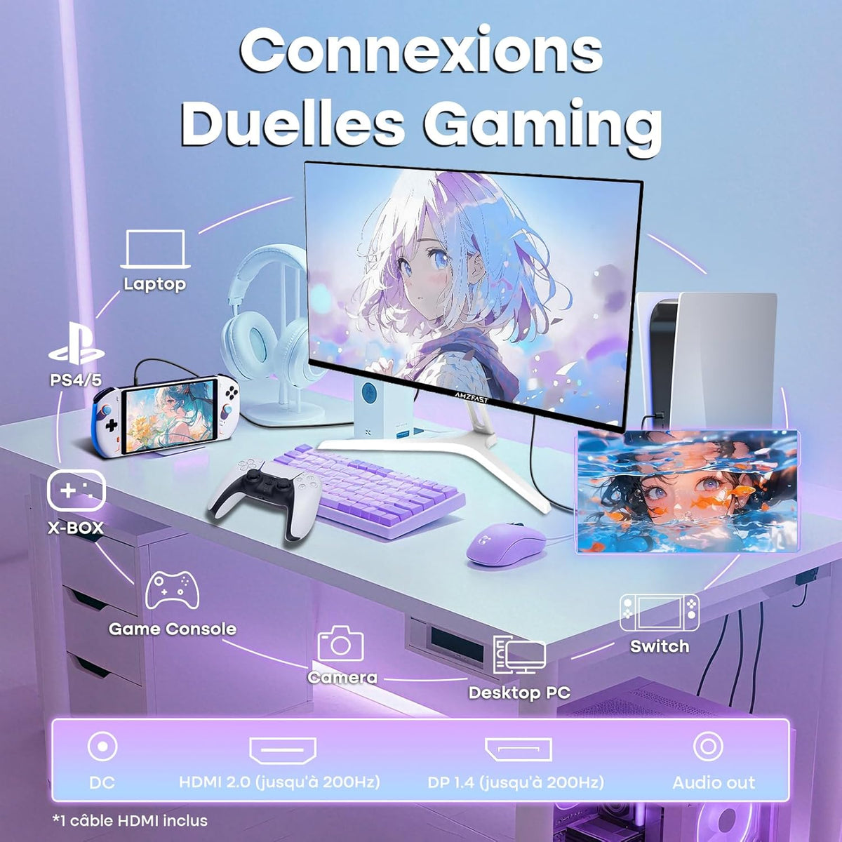 Monitor da Gaming Amzfast 24 Pollici - 200Hz, FHD 1920x1080, Fast IPS, 1ms MPRT, 80% DCI-P3, 110% sRGB, HDR, Anti-Luce Blu, Adaptive Sync, VESA 75x75, HDMI 2.0/DP 1.4, Bianco - AMZG24X1W - QUORE