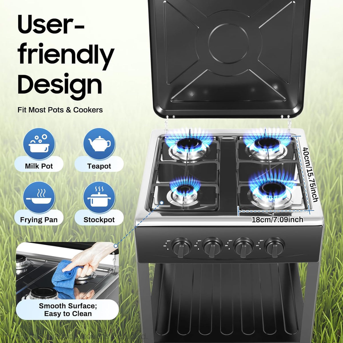 OUKANING 4-Flame Gas Stove Freestanding, Portable Outdoor / Indoor Gas Hob with Wind Protection and Dust Protection, Manual Flammable (Lpg/Ng), Non-Slip Feet and Heat Dissipation (Black) - QUORE