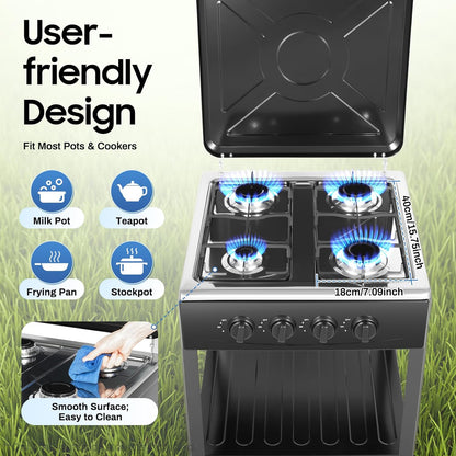 OUKANING 4-Flame Gas Stove Freestanding, Portable Outdoor / Indoor Gas Hob with Wind Protection and Dust Protection, Manual Flammable (Lpg/Ng), Non-Slip Feet and Heat Dissipation (Black) - QUORE