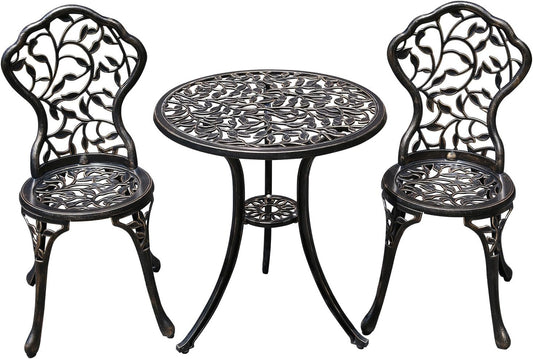 3-Delige Tuinset – Tuinmeubelset – Bistroset – Balkonset – Aluminium Tuinmeubelen – Bronzen Look – Weerbestendig Gegoten Aluminium – Decoratief Opengewerkt Design