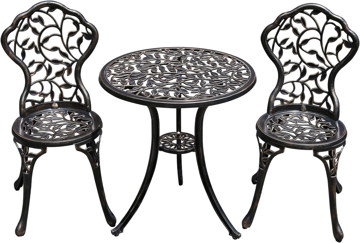 Antieke gegoten aluminium taverne-set, 3-delige set, tuinmeubelset met twee stoelen en ronde tafel, decoratief design, bronzen look (blad)